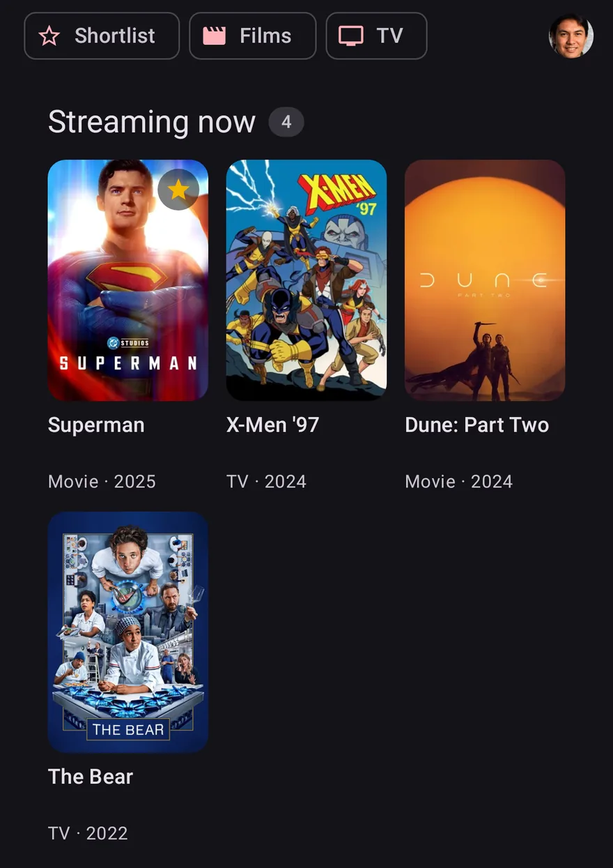 OnTheList on an Android phone: your list, with Streaming now at the top.