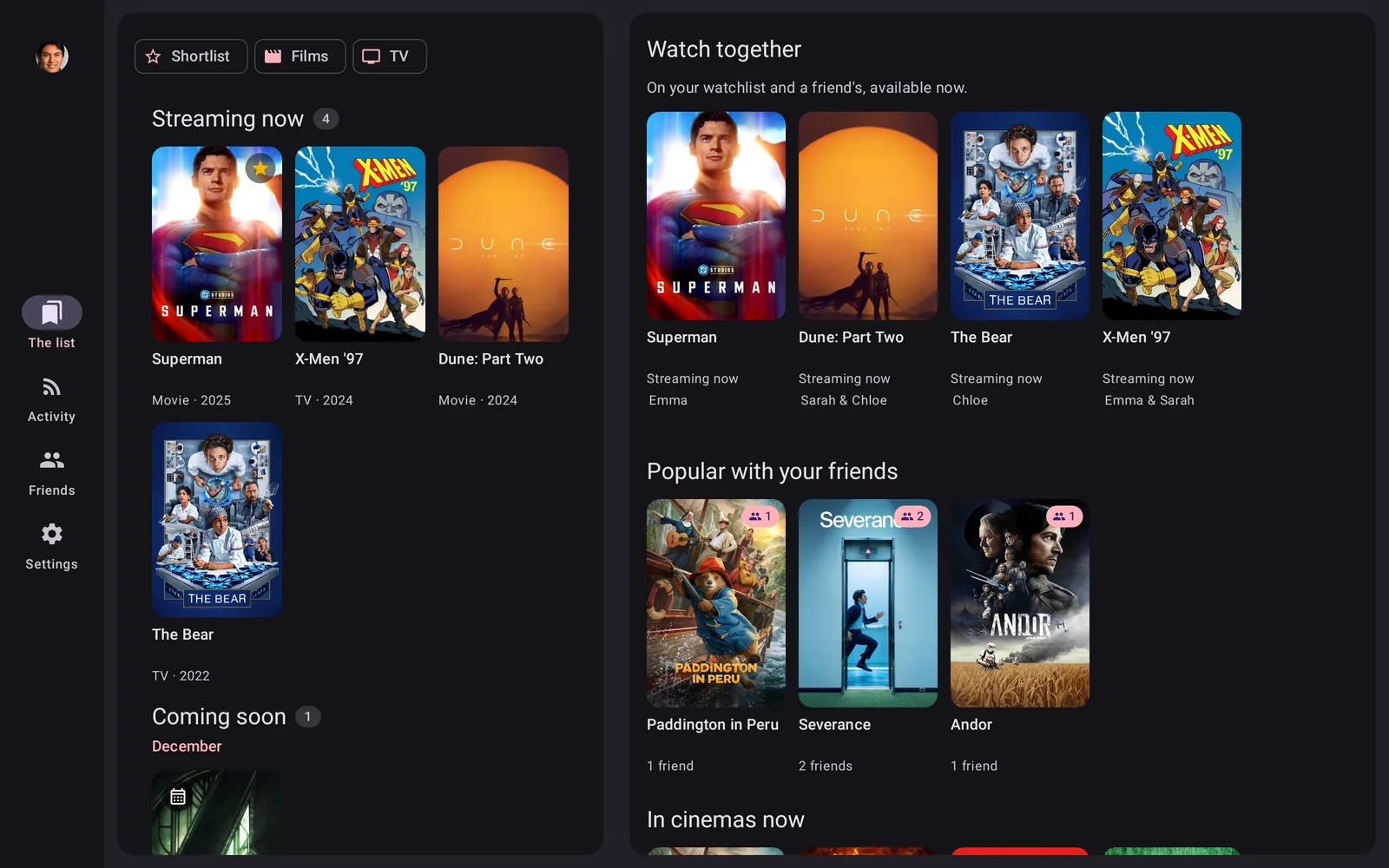 OnTheList on a tablet: your list beside Watch together and what is popular with your friends.