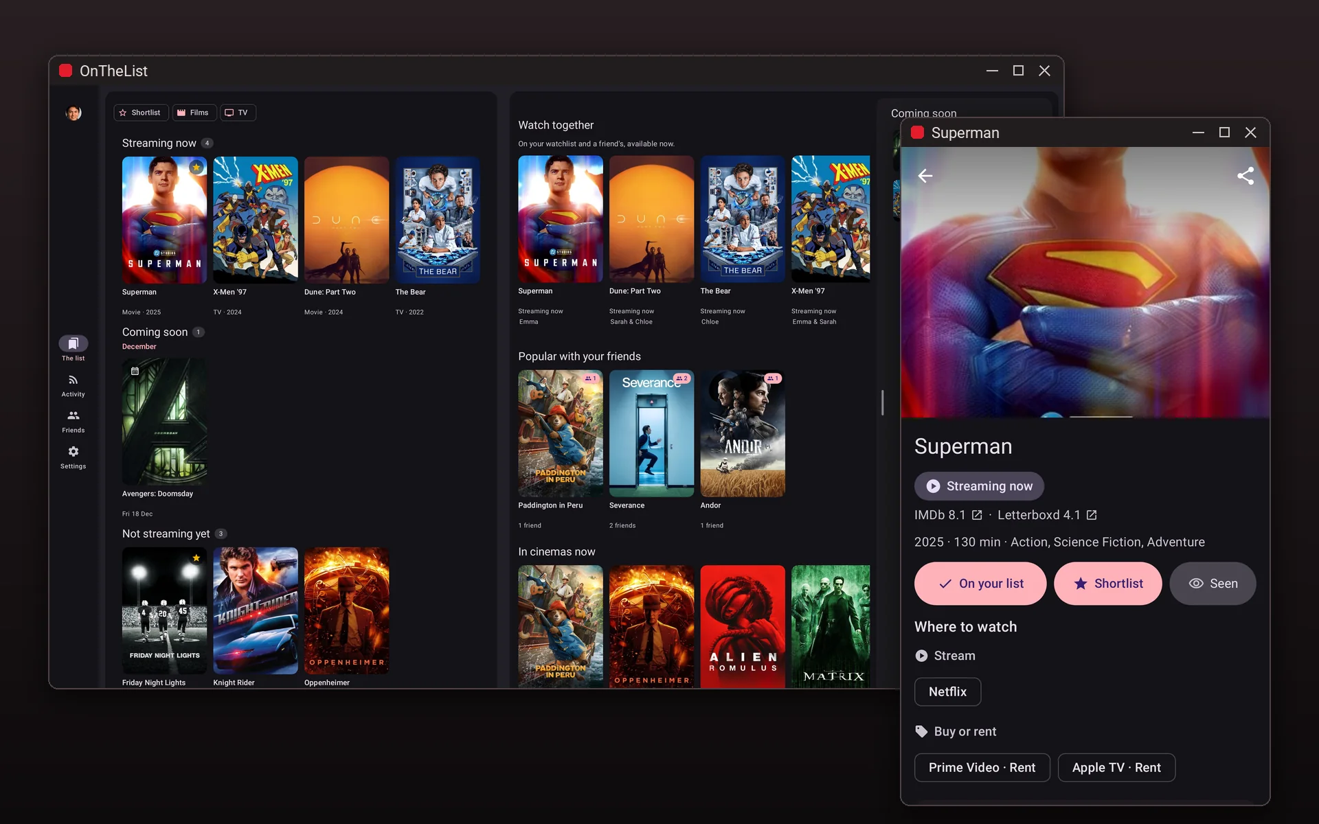 OnTheList on a desktop with two windows: your list in one, and Superman open in a window of its own.